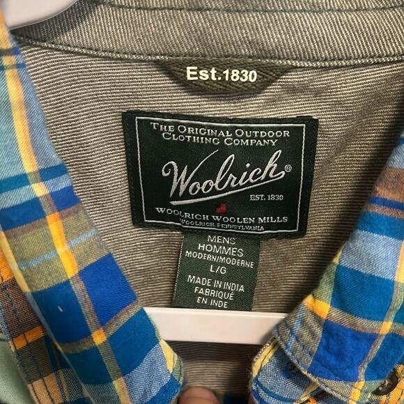 Woolrich Blue & Yellow Plaid Button Up Top 100% Organic Cotton Men's Size Large! - Picture 2 of 8